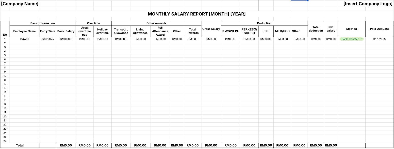 monthly salary template free download